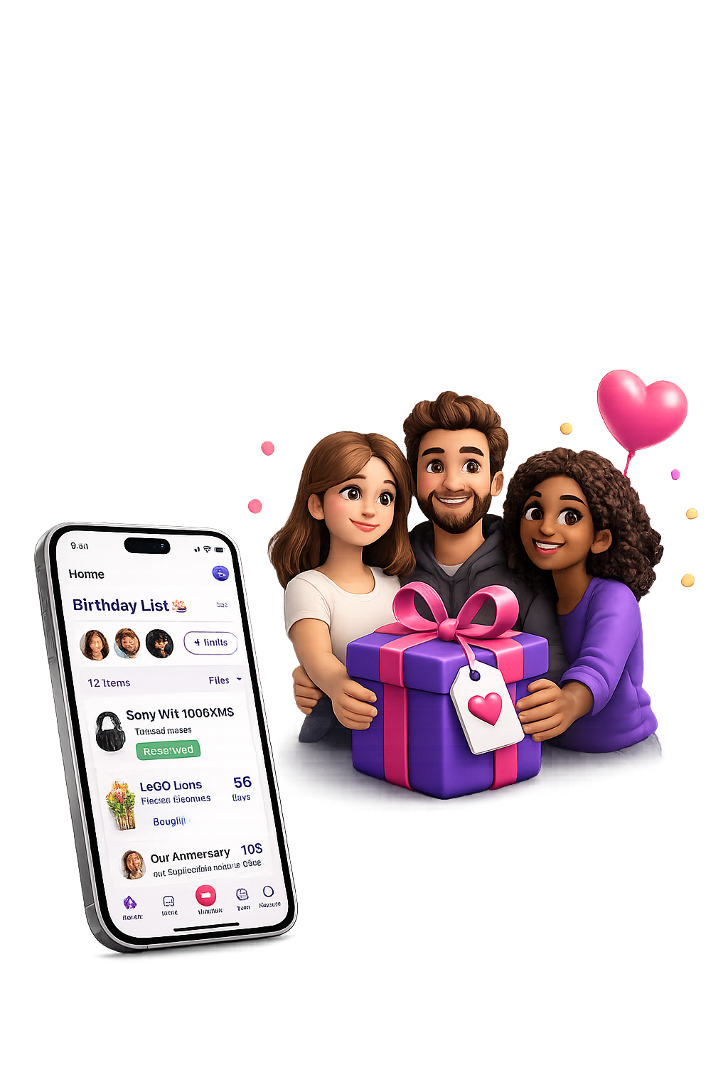 GiftSmart shared list screen with family and friends